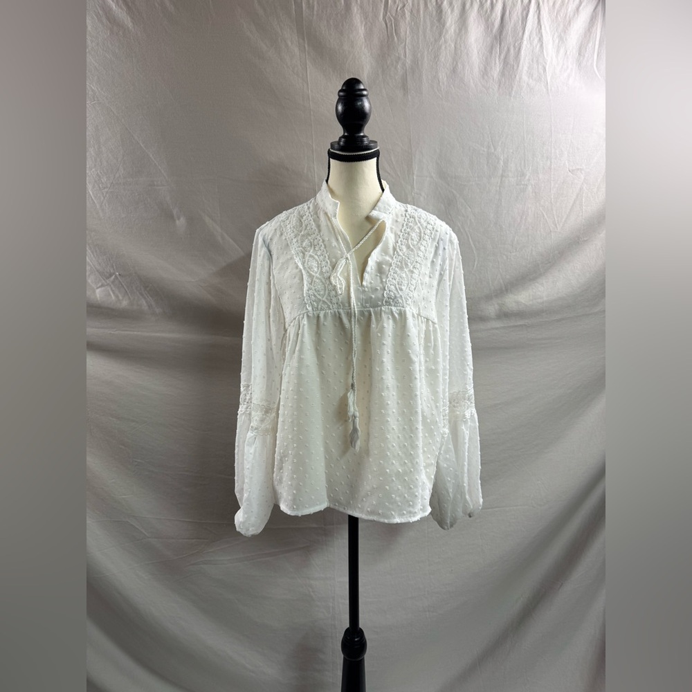 Swiss Dot Embroidery Mesh Insert Lantern Sleeve Tassel Tie Blouse White - Picture 10 of 10